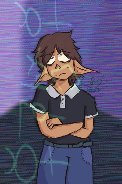 Juan Roberts, a young teenager with slightly long dark brown hair. He is crossing his arms and looking off-camera to the right with small yellow pupils. He is sweating nervously. Additionally, he has slight eye-bags.