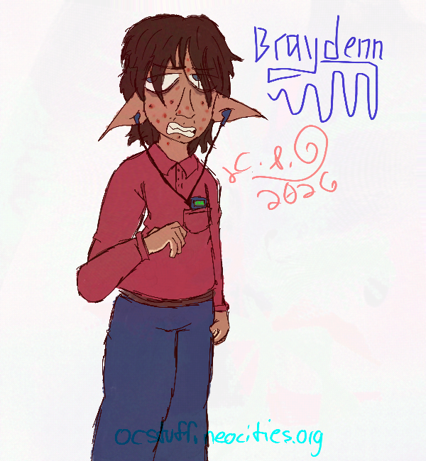Braydenn, an annoyed looking character with acne and an mp3 player