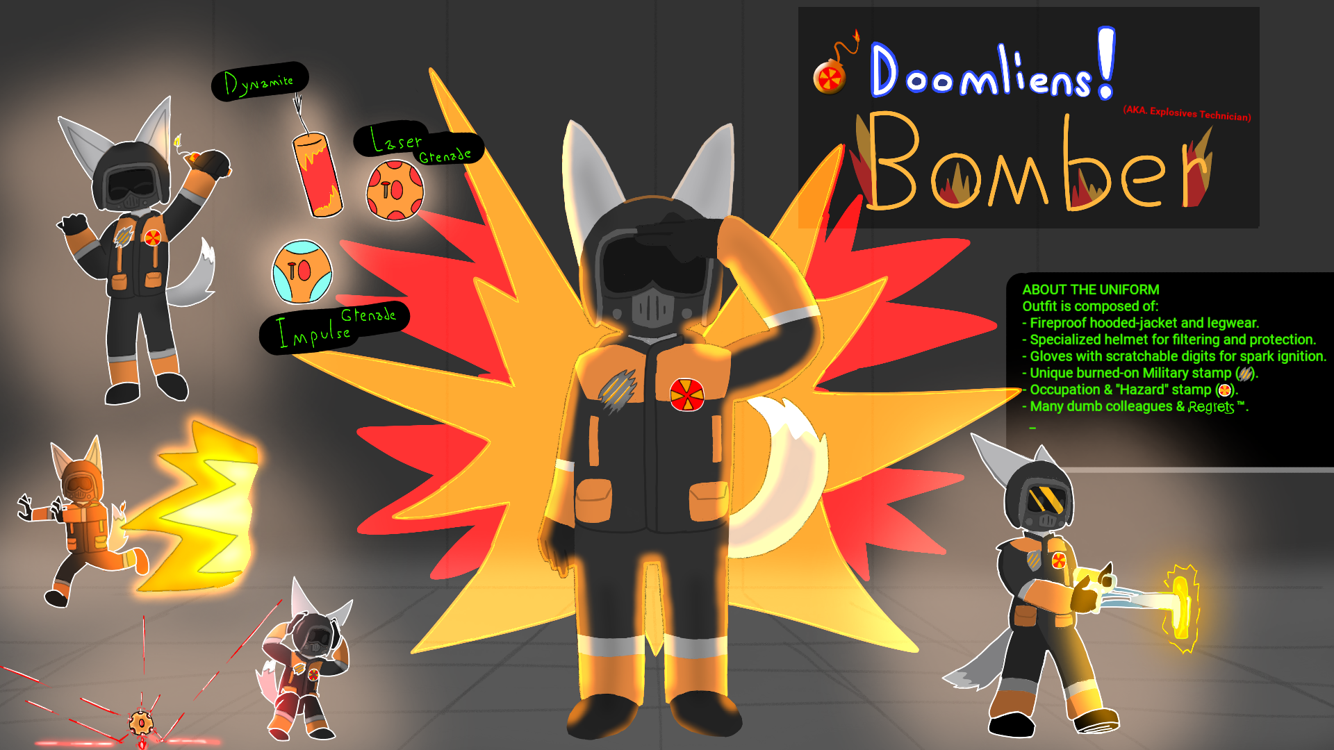 a detailed Bomber Reference Image. Contains an overview for the outfit's design, and weaponry.